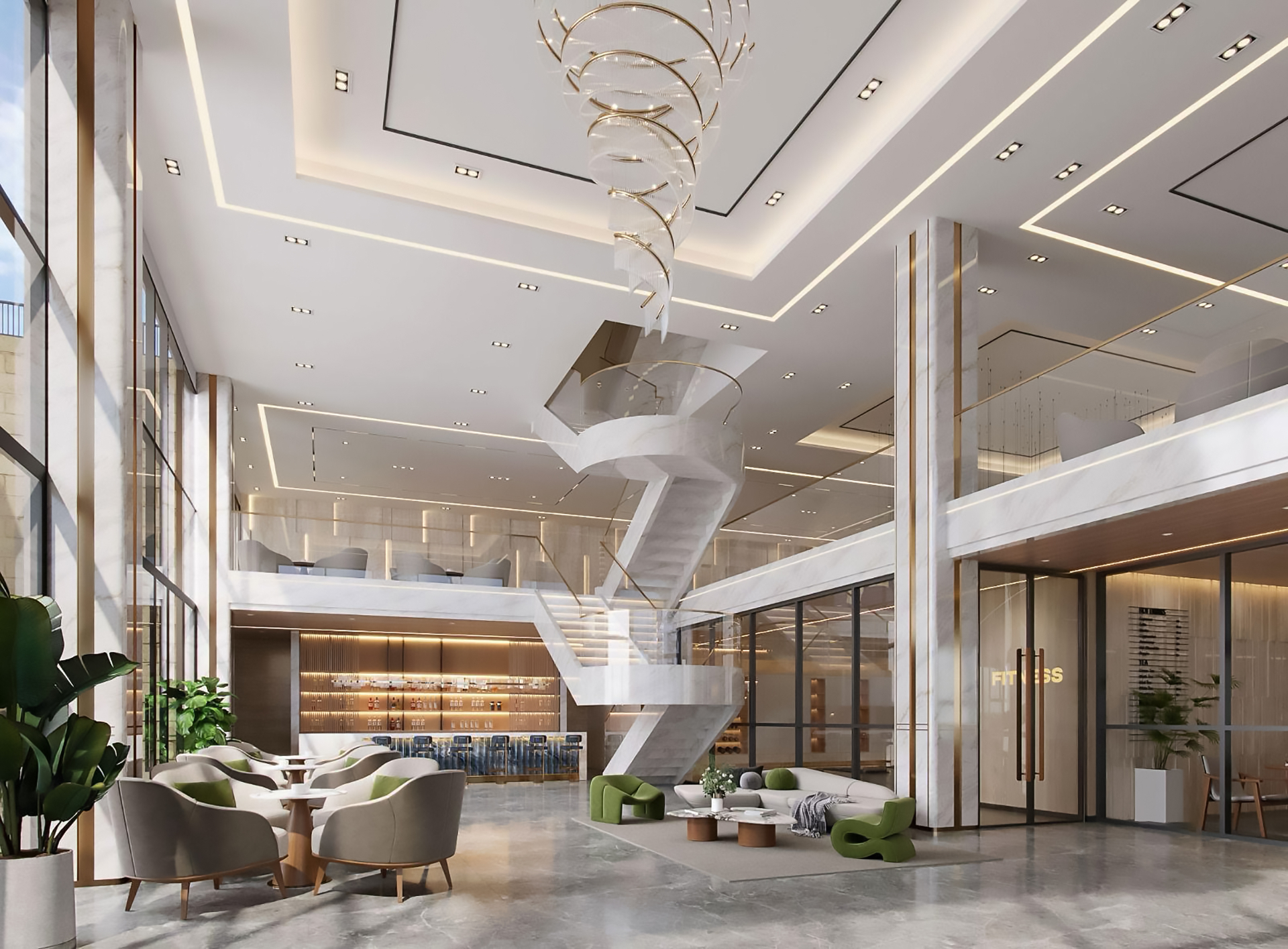 Spring Valley luxury residence lobby with grand chandelier, spiral staircase, and lounge interior