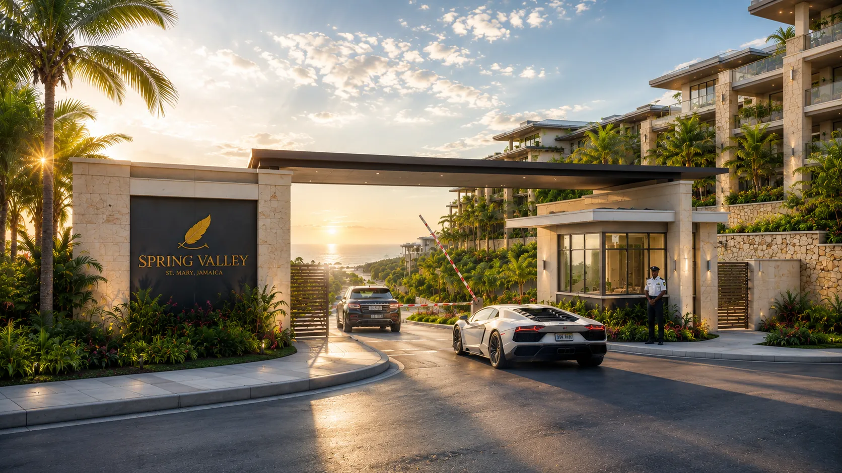 Spring Valley luxury gated entrance at golden hour